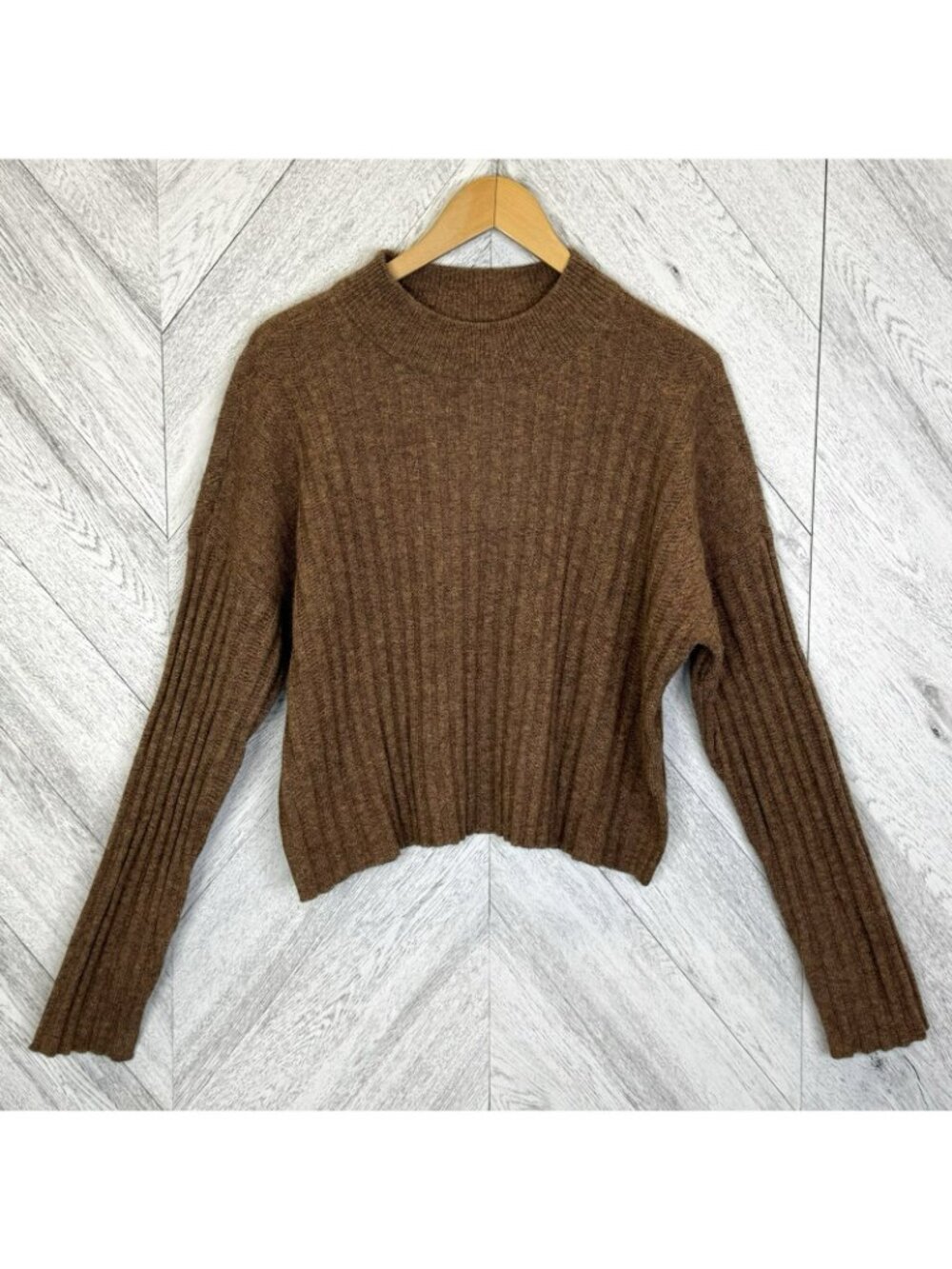 Madewell Mockneck Crop Sweater Womens Size XL Brown Wool Blend Ribbed Pullover - Picture 2 of 5